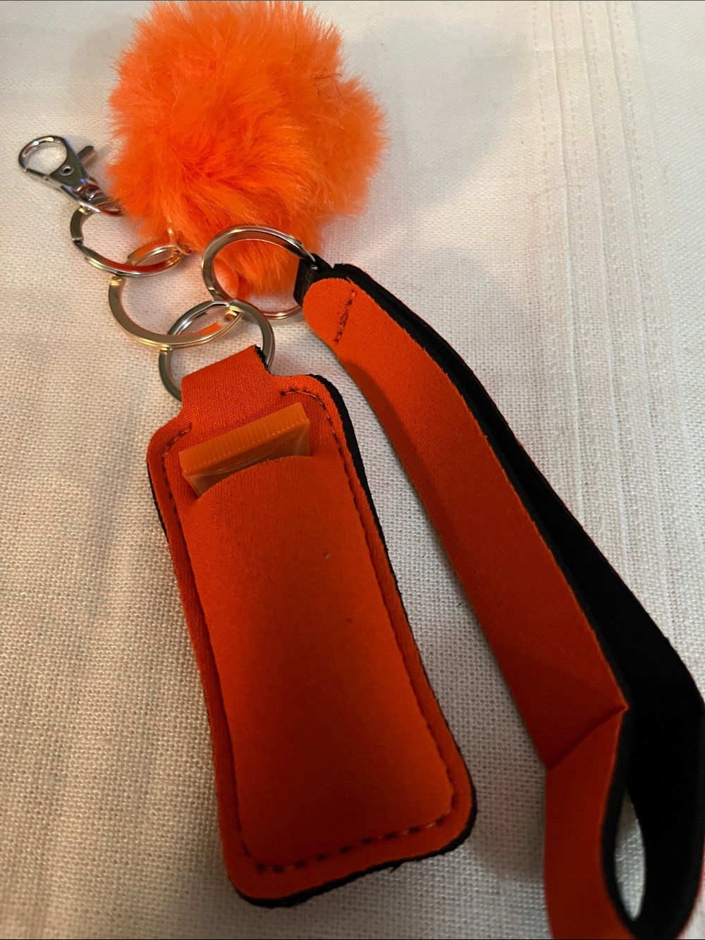Orange Pom-Puff Keychain & Lip Balm Holder